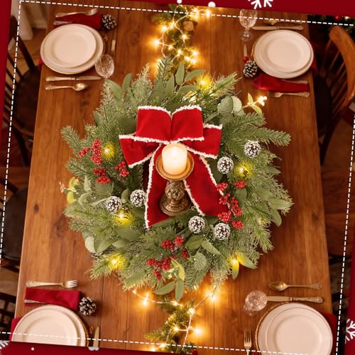 24 Inch Christmas Wreath with Red Ribbon and Pine Cones for Front Door D30392