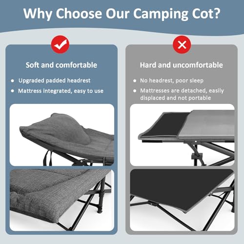 Folding Camping Cot Bed for Adults with Mattress, Pillow and Carry Bag, Grey D714