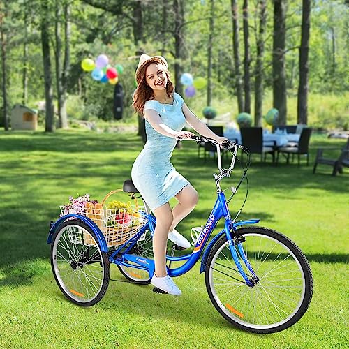 7-Speed Adult Tricycle with Large Basket 24/26 Inch, 3-Wheel Cruise Bicycle C64822