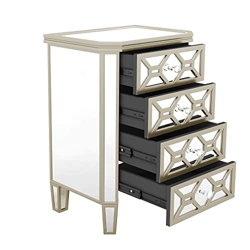 Mirrored 4-Drawer Chest with Golden Lines and Crystal Knob for Bedroom, Silver C933