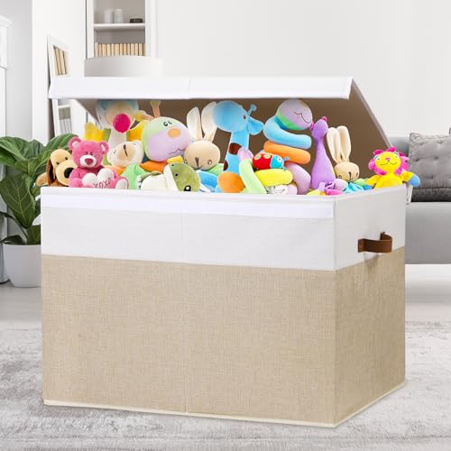 Large Toy Storage Box with Lid and Dividers for Kids, Beige and White X95078