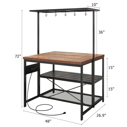 Kitchen Island with Storage, Bakers Rack with Power Outlet, 3 Tier Microwave Stand, Coffee Bar Table I24443