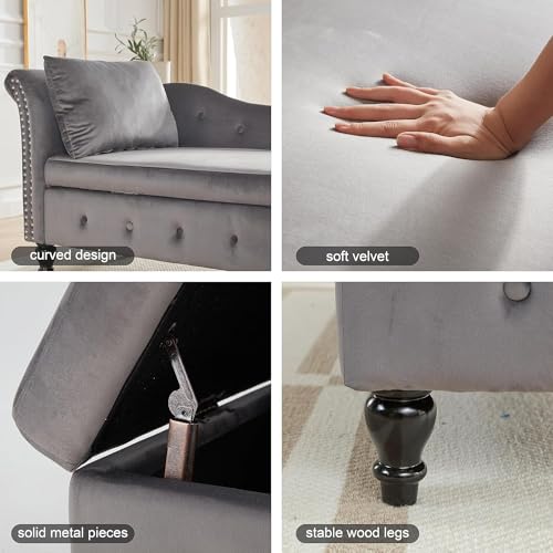 Modern Velvet Chaise Lounge with Left Armrest and Lumbar Pillow, Dark Gray T162