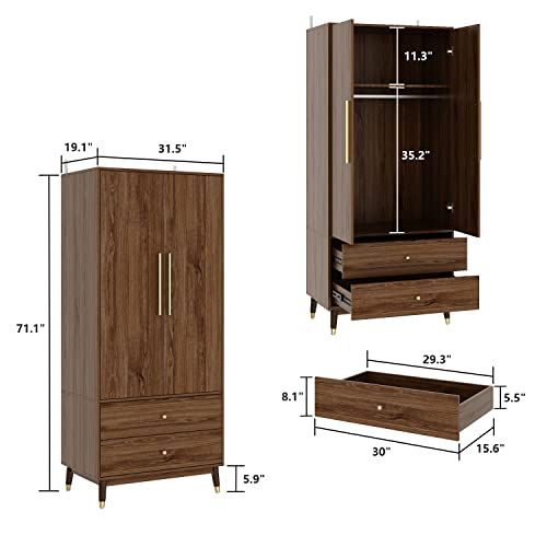 Homsee Wardrobe Armoire with 2 Doors and Drawers, Wooden Closet Storage Cabinet, Brown E6700