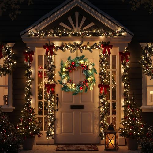 DomeStar 24 Inch Christmas Wreath with Lights, Outdoor Waterproof with Pine Cones C51545