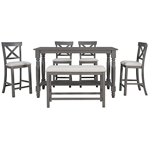 UBGO 6-Piece Counter Height Dining Table with Shelf, 4 Chairs and Bench, Gray C357