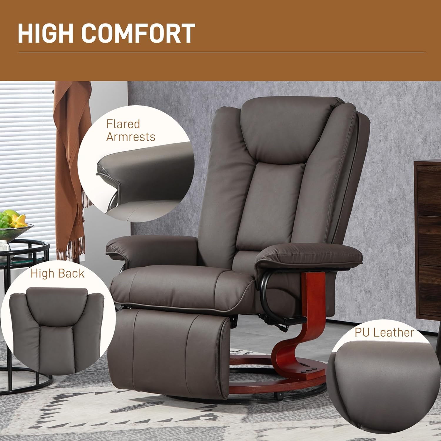 HOMCOM Manual Swivel Recliner Chair PU Leather with Footrest, Brown O9918