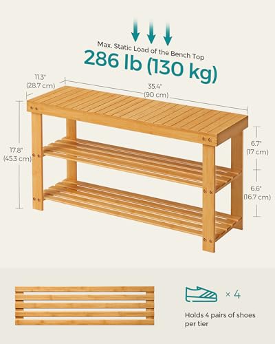 SONGMICS 3-Tier Bamboo Shoe Rack Bench, Entryway Storage, Ink Black X802