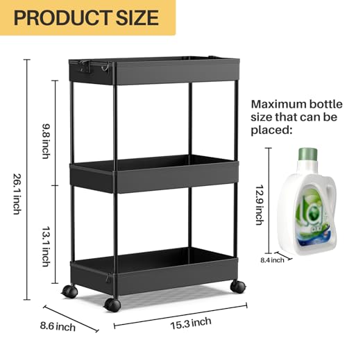 SPACEKEEPER 3 Tier Rolling Storage Cart, Black Q90327