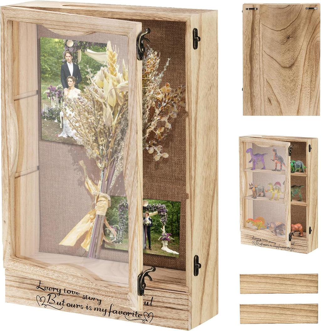 ZENFUN 11X16 Wedding Shadow Box, Large Shadow Box Frame, 3" Deep Shadow Display Case with Removable Shelves and Drawer, Wood Memory Box for Pictures, Flowers, Memorial Gifts, Wall or Tabletop