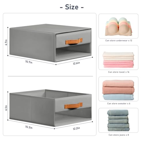 DIMJ Closet Organizers and Storage - Fabric Bins with Drawers, Stackable, 4-Pack, Grey G8366