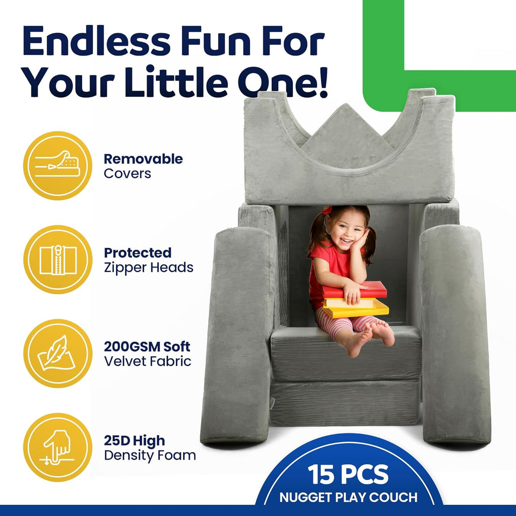 Modular Kids Play Couch 15 Pieces Buildable Plush Panels with Ball Pit Square W50300