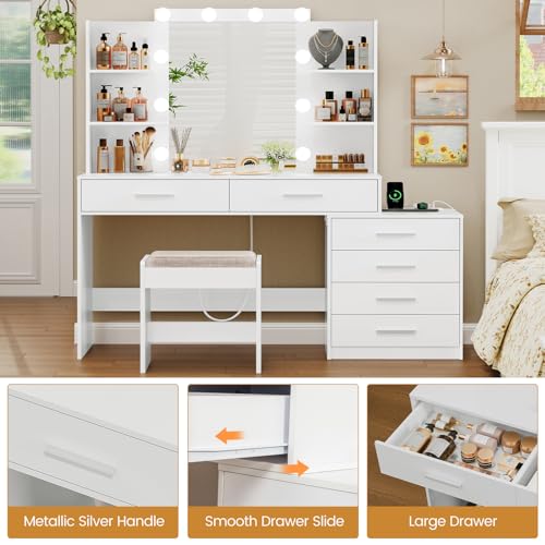 Quimoo Large Vanity Desk with LED Mirror & Power Outlet, White L335