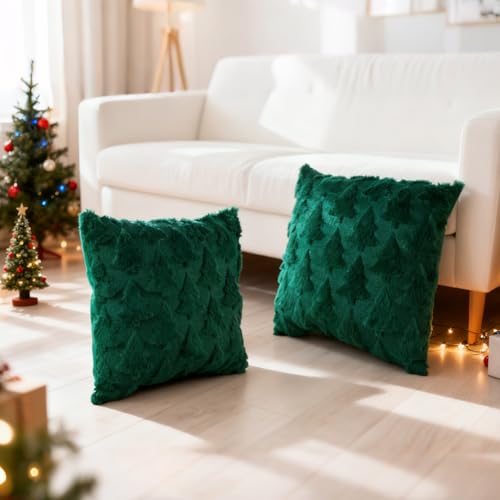 Christmas Throw Pillow Covers 18x18 Set of 2 Plush Green Tree Z112
