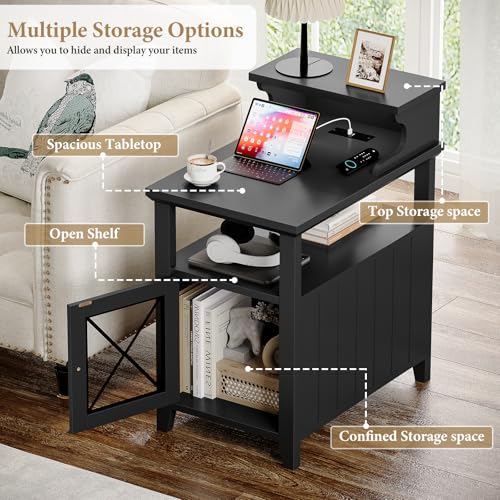 Itaar Farmhouse End Table with Charging Station and LED Lights, Black V906926