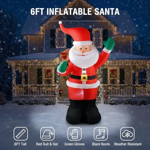 COOLWUFAN 6 FT Christmas Inflatables Santa Claus with Gifts Bag, LED Lights Outdoor Yard Decoration T979
