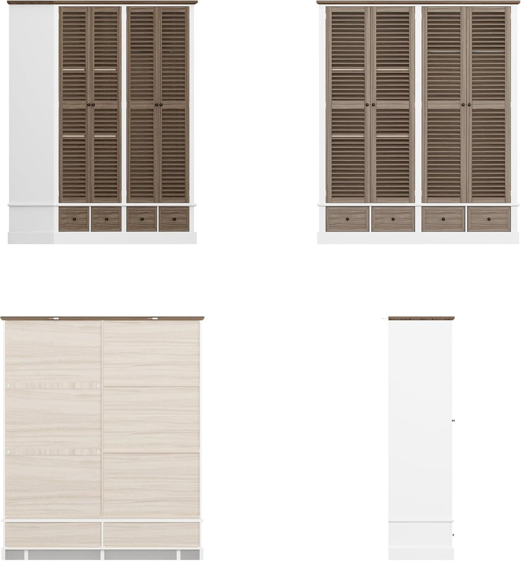 ECACAD 4 Doors Wardrobe Armoire with Louver Doors, Storage Shelves, 4 Drawers & Hanging Rod, Brown & White K855323