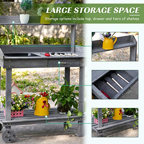 Outsunny 36" Wooden Potting Bench Work Table with Sink and Storage, Brown O683