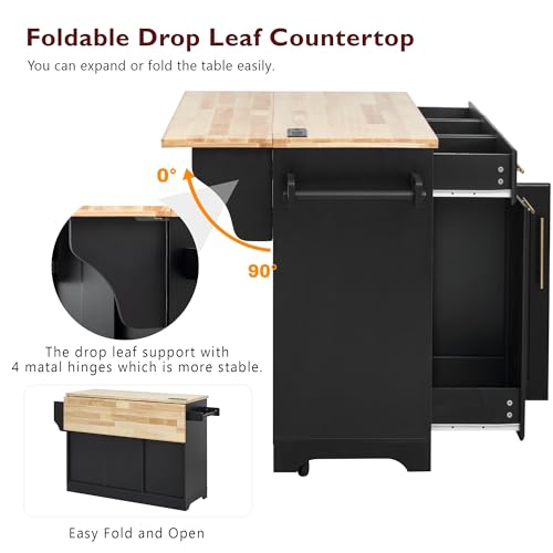 Merax Kitchen Island with Storage, Rolling Table with Drop Leaf, Black Z411
