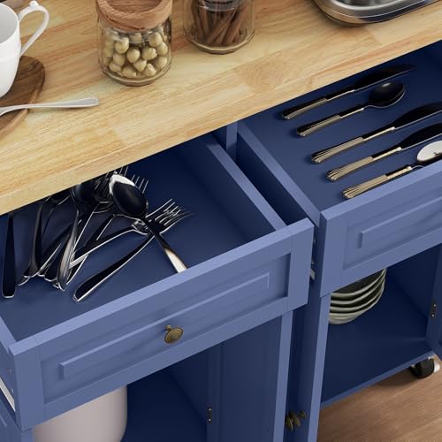 HOMCOM Kitchen Island on Wheels with Rubberwood Top, Navy Blue X7812