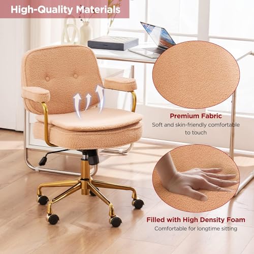 Boucle Desk Chair with Wheels and Arms, Gold Metal Legs, Teddy Chair for Girls and Women, Camel T741