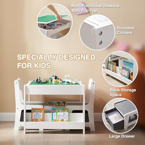 Kids Table and 2 Chair Set with Storage Drawer, White & Grey L956600