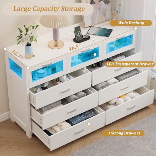 Black Dresser with 9 Drawers, LED Lights and Charging Station X1464