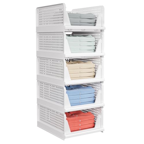 5 Pack Stackable Closet Storage Basket - Stackable Storage Bins, Multifunctional & Foldable Closet Organizer, Wardrobe Cupboard Space-Saving Hat Storage Drawer Organizer, White