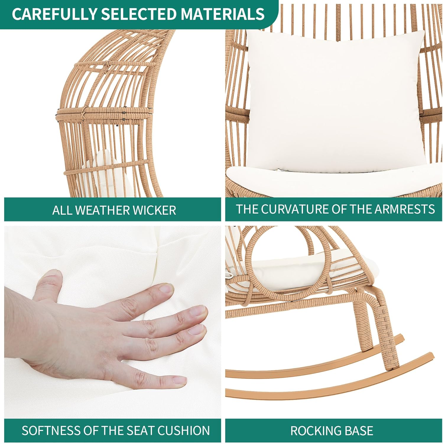 YITAHOME Rocking Egg Chair Outdoor Wicker Patio Basket Chair, Beige P1556