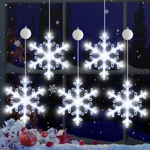 5Pack Christmas Window Lights Snowflake LED with Timer Battery Powered U214