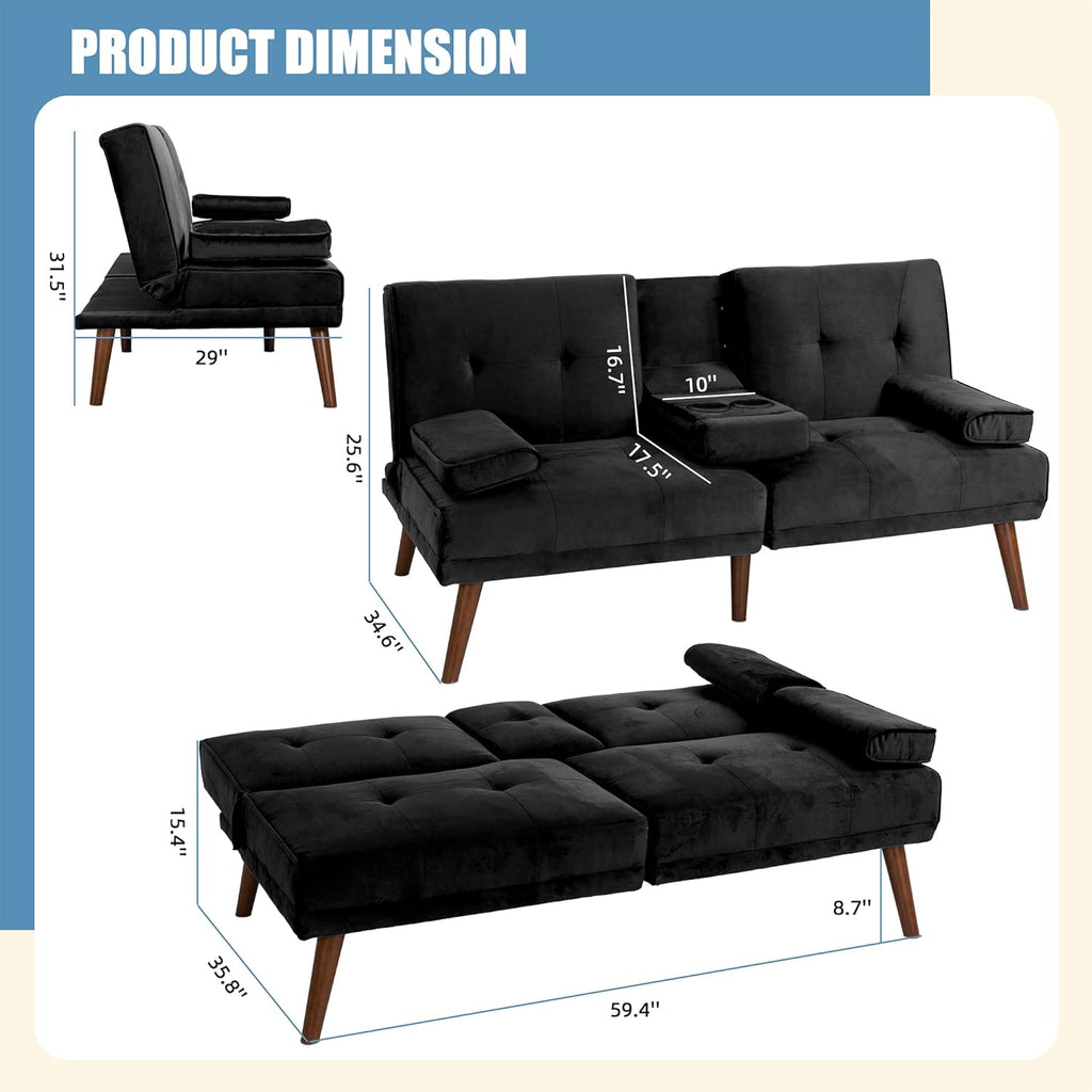 Shintenchi 60" Small Loveseat Convertible Sofa Bed, Black Q525571