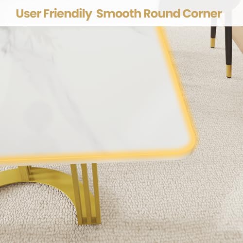 Modern Rectangle Marble Dining Table 63" White with Gold Trestle Pedestal J573458