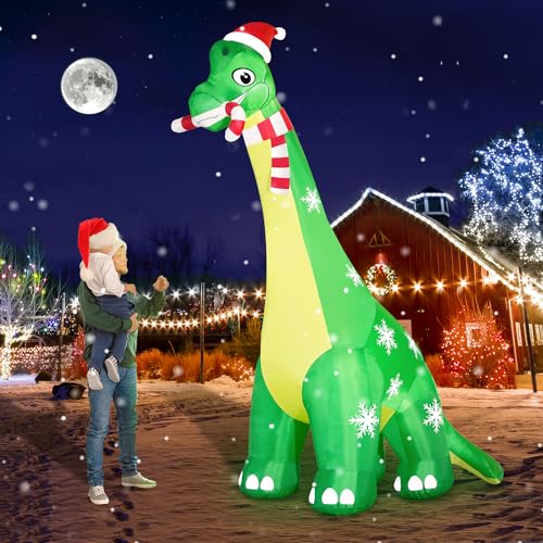 13FT Giant Dinosaur Christmas Inflatable Decorations, Built-in LED Lights, Strong Blower Huge Blow Up Yard Clearance Decor with Large Candy Cane Xmas Santa Hat Outdoor Indoor Holiday Party