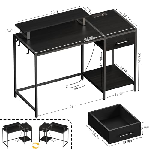 55 inch Computer Desk with Drawers, Power Outlet and LED Light, Rustic Brown K308484
