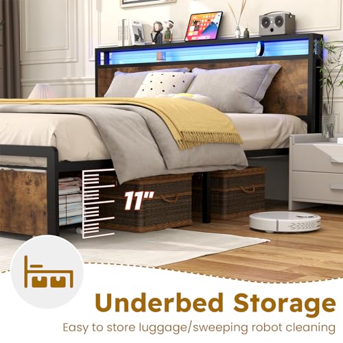 Full Size Bed Frame with Headboard, LED Lights, 4 Storage Drawers, Gray N173120