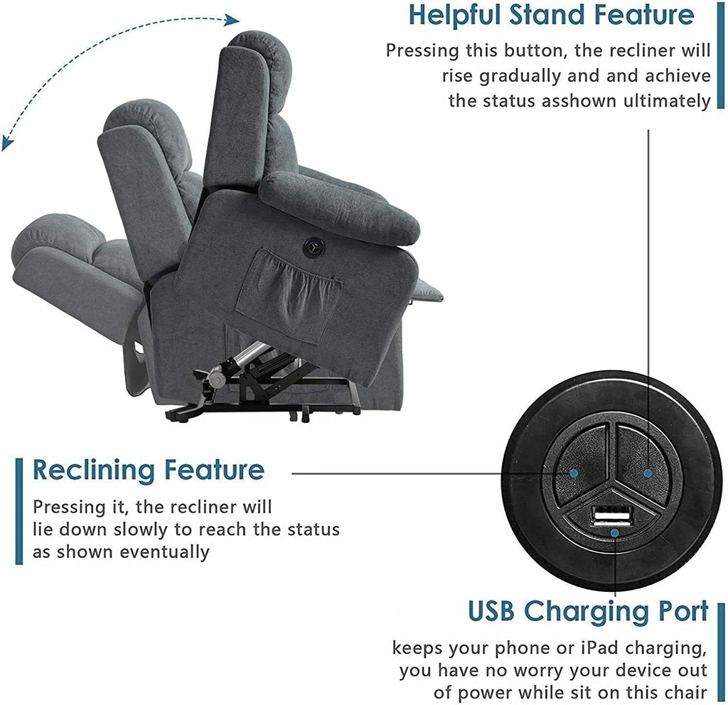 Grey Linen Electric Power Lift Massage Recliner Chair with Remote Control H47763