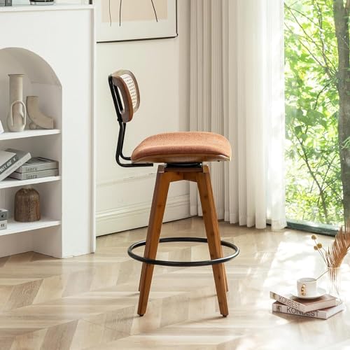 26" Rattan Bar Stools Set of 2, Linen Fabric Swivel Barstools with Wooden Legs B4938