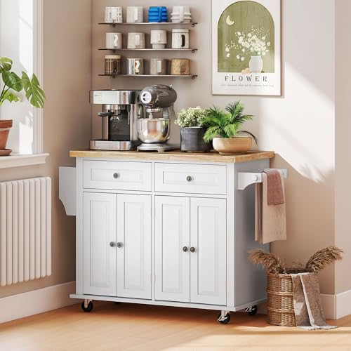 HOMCOM Kitchen Island on Wheels with Rubberwood Top, Navy Blue X7812