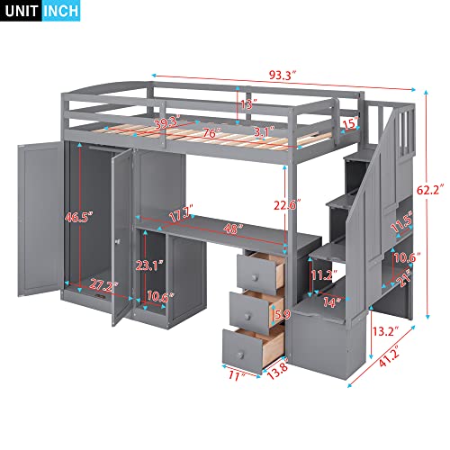 Harper & Bright Designs Twin Size Loft Bed with Desk and Stairs, Solid Wood, Espresso G152541