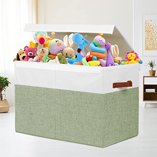 Large Toy Storage Box with Lid and Dividers for Kids, Beige and White X95078