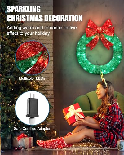 Brightown 24 Inch Pre-Lit Artificial Christmas Wreath with Pine Cones & Berries L37024