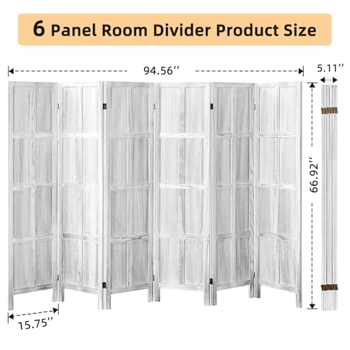 Wood Room Divider 4 Panel, 5.6 FT Tall Folding Privacy Screen, Retro White K4688