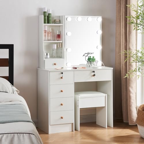 White Vanity Desk Set with 10 LED Lights and Charging Station W7137