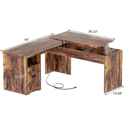 Unikito L Shaped Desk with Lift Top and Drawer, Power Outlets, Black C26845