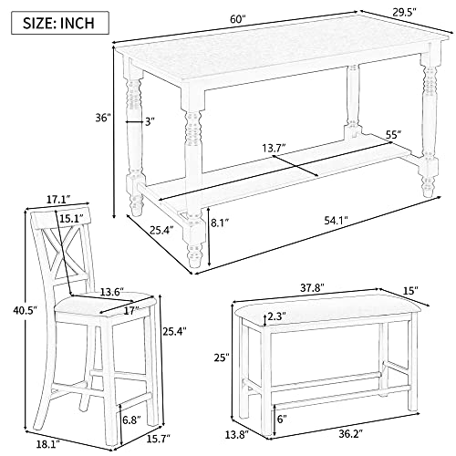 UBGO 6-Piece Counter Height Dining Table with Shelf, 4 Chairs and Bench, Gray C357