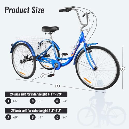 7-Speed Adult Tricycle with Large Basket 24/26 Inch, 3-Wheel Cruise Bicycle C64822